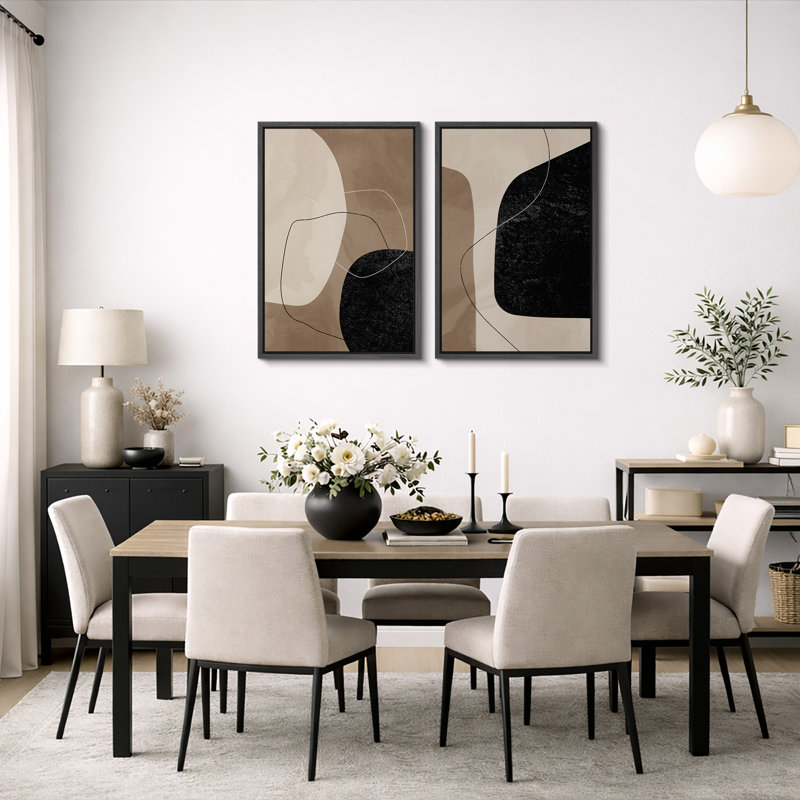 Mid Century Shape "Warm Brown & Faded Black Abstract Lines Artwork, Modern Minimalist Neutral Wall Pictures, Framed Canvas Giclée Print 2 Pieces Wall Art" 16x24x2 pcs, 24x36x2 pcs