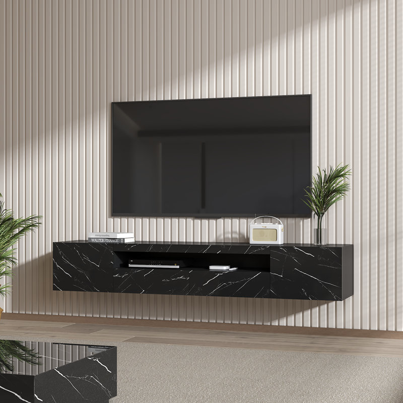 Modern Floating LED TV Stand Up to 80" TVs, Wall-Mounted Media Console with Storage, Black Marble