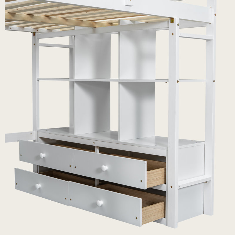 Lit mezzanine double avec bureau intégré, tiroirs et tablettes de rangement, lit station de travail en bois massif pour enfants, adolescents et adultes, blanc