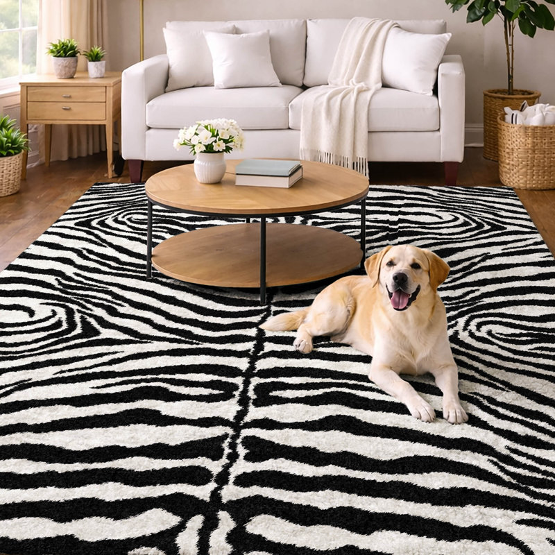 Premium Machine Washable Dream Shag Zebra Rug, Pearl, 10' x 14'