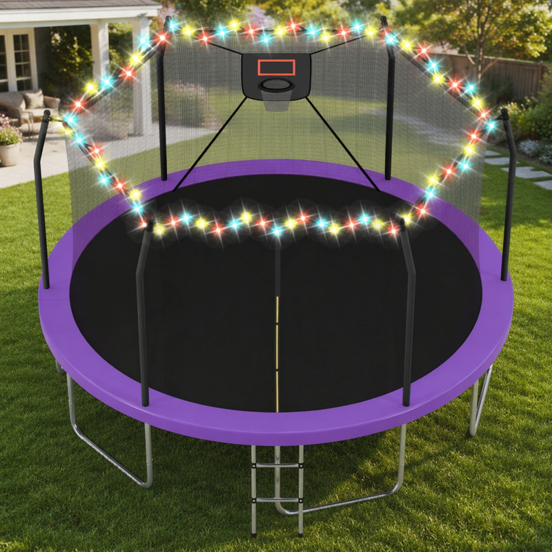 Trampoline 16 pi avec lumières DEL et panier de basketball sécuritaire et durable pour le plaisir en famille, Purple