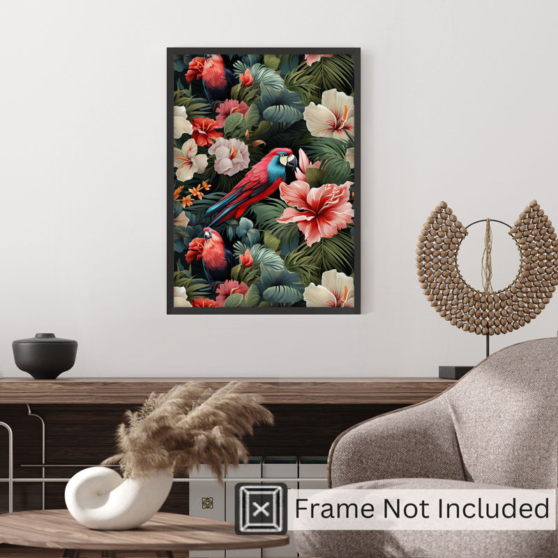 Motif floral perroquet tropical sans cadre, H 36 po x l 24 po