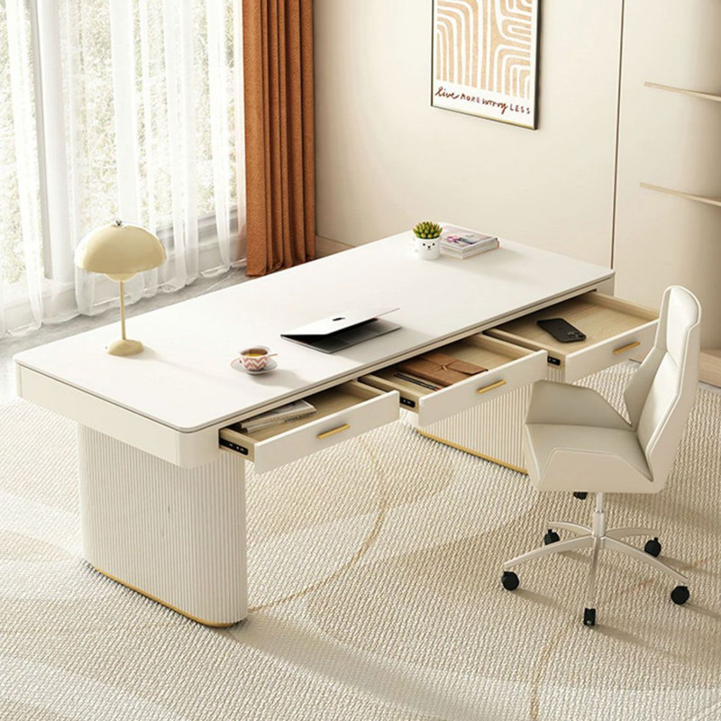 Bureau blanc avec tiroirs en pierre blanche avec tiroirs, H 29,53 po x l 62,99 po x P 27,56 po