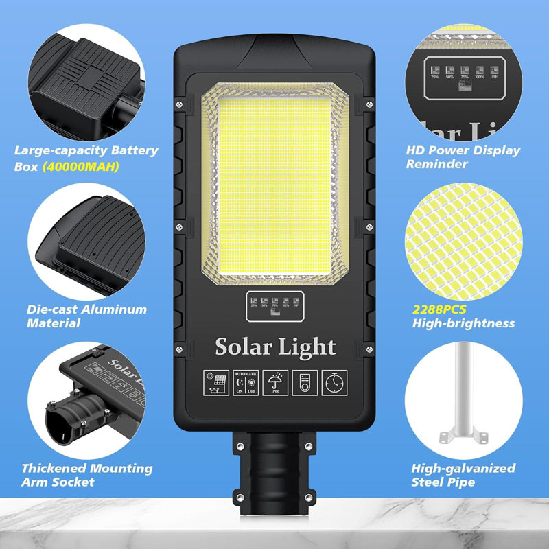 Réverbère solaire commercial 20000W avec batterie 40000Mah, 2288 Leds, étanche IP66, lumière du jour 7000K, grand angle de 320 ° pour les stationnements, les cours et les espaces extérieurs