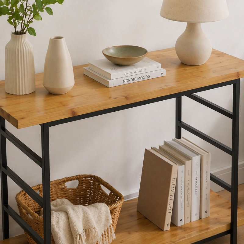 48x16x32"  2-Tier Wood and Iron Console Table with Black Frame and Storage Shelf, Industrial/Modern/Minimalist