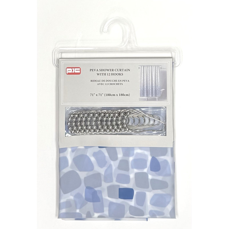 Rideau de douche PEVA + crochets en métal, Formes géométriques bleues