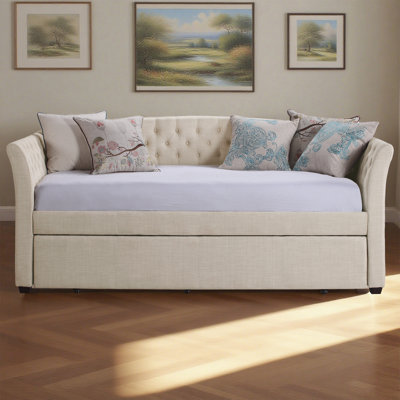 Upholstered Twin Daybed with Trundle and Tufted Button Daybed Frame, for Living Room, Bedroom, Guest Room by Lark Manor
