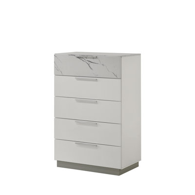 Commode blanche - Finition bicolore très brillante en marbre et laque avec cinq tiroirs à glissement lisse, tiroir supérieur doublé de velours