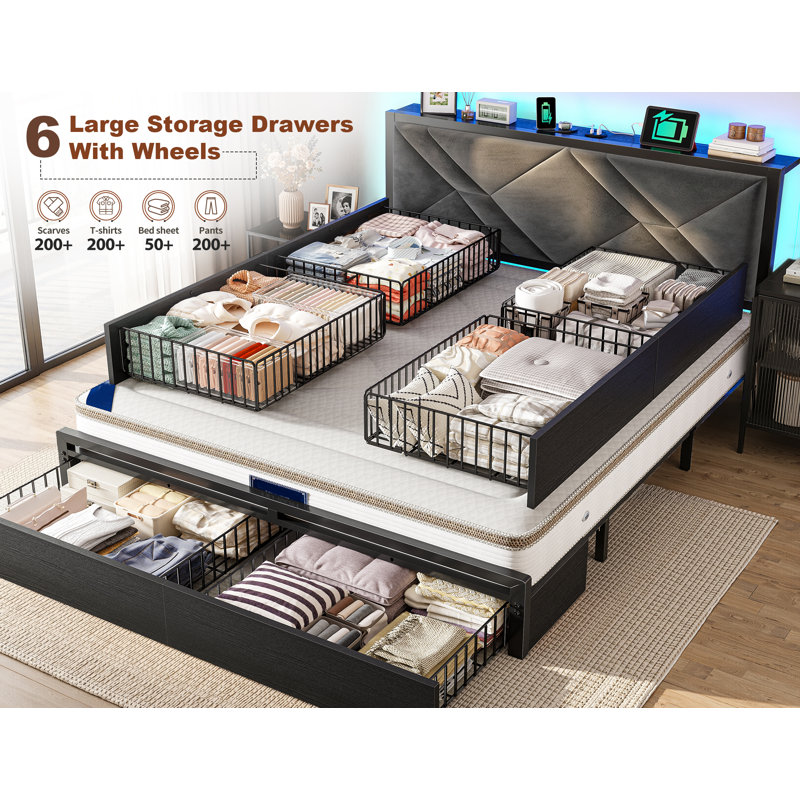 Bed Frame With 6 Storage Drawers, Soft Headboard, Charging Station, And Led Light, Black, Full