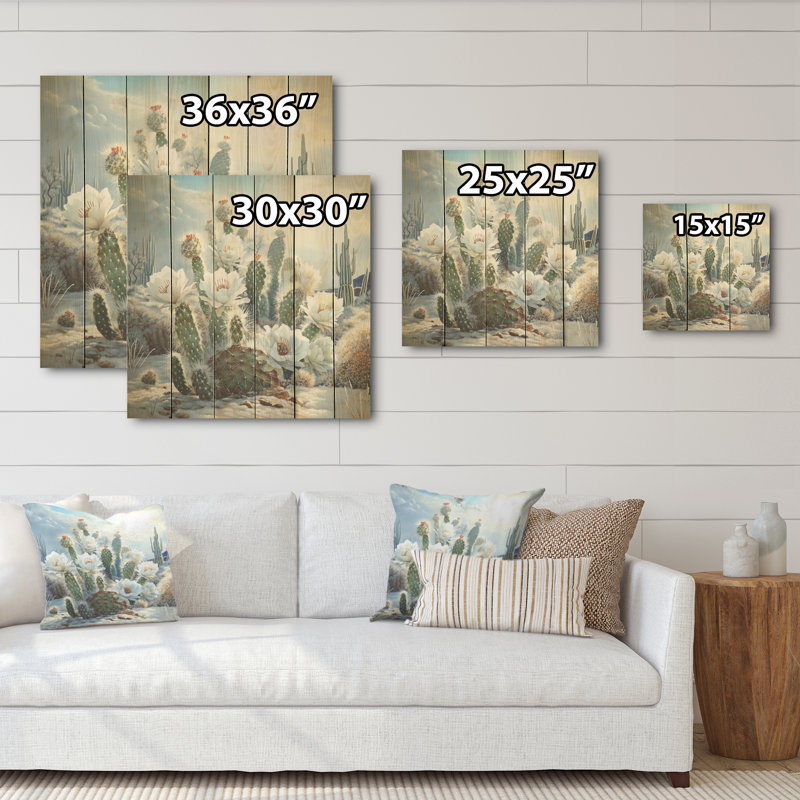 Cactus charme en hiver - Art mural en bois de cactus sur bois de pin naturel, H 30 po x l 30 po