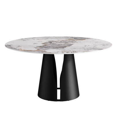 59.08" Round Sintered Stone Table For 6-8, With Black Carbon Steel Support 6-8 Person Heat- & Stable