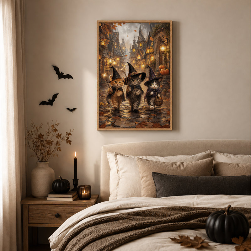 «Three Witch Kittens In Autumn Fantasy Village», art mural sur toile, H 36 po x l 24 po
