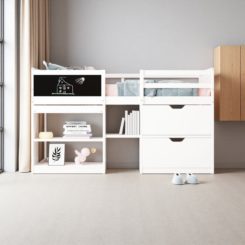 Twin Size Low Loft Bed With Rolling Desk, Shelf And Drawers, White