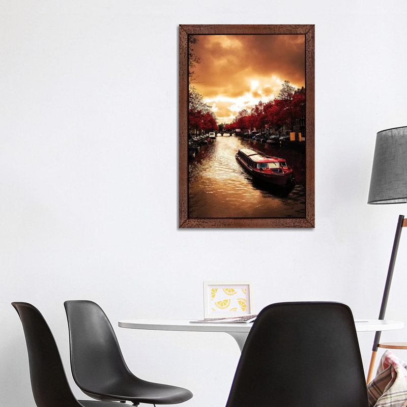 Red Leaves In Amsterdam by Enzo Romano - Floater Frame Print on Canvas, 66.04 cm H x 45.72 cm W, Brown Framed