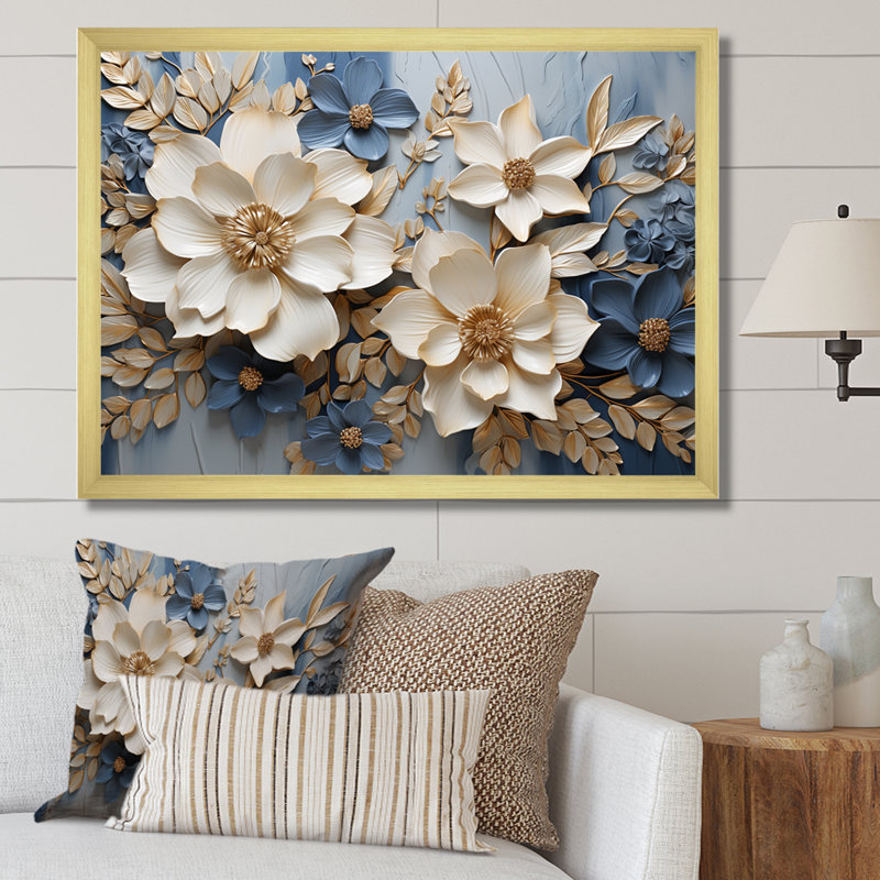 Composition de fleurs saisonnières beige et bleu - Fleurs saisonnières, H 34 po x l 44 po x P 1,5 po, Cadre doré simple