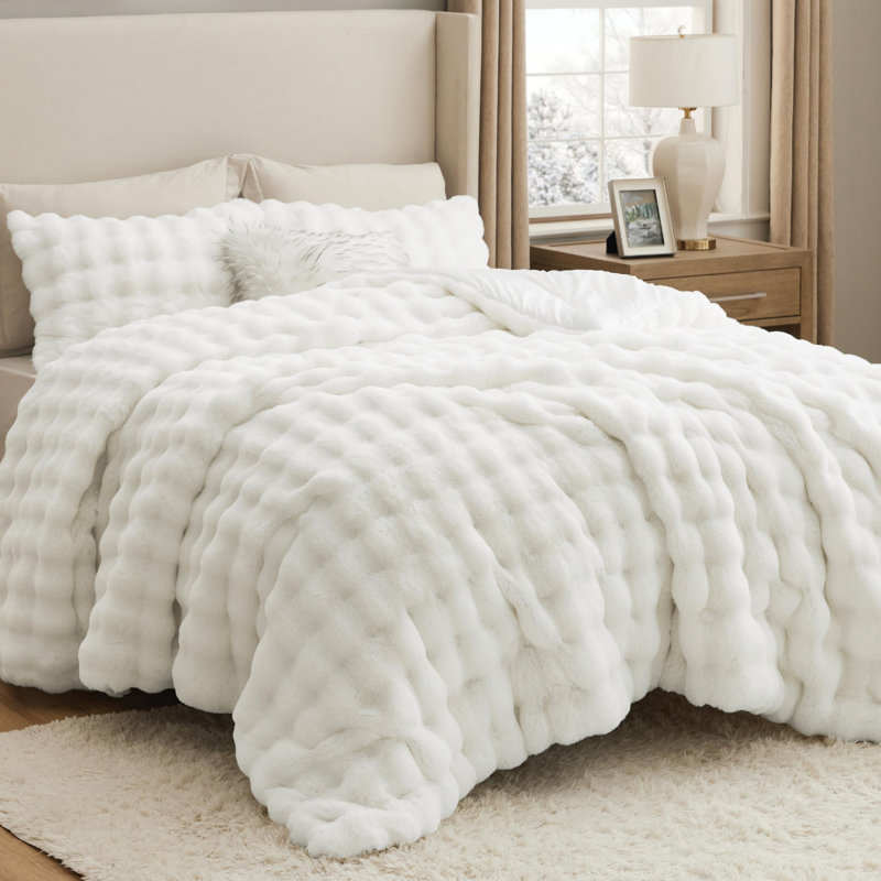Ensemble d'édredon en fausse fourrure, Édredon grand + 2 taies d'oreiller standard, Blanc