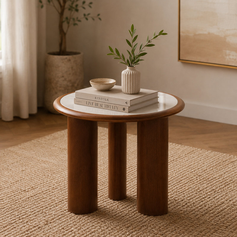 Table basse ronde en pierre frittée de 19,69 pouces avec bordure en bois massif et pieds de colonne en panneau de fibres à densité moyenne. Style moderne et minimaliste, adapté aux salons et aux appartements.