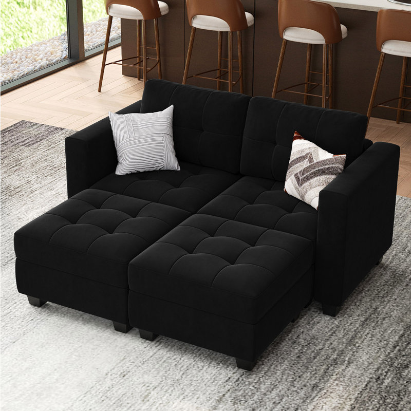 Canapé-lit modulaire en velours avec coussins et rangement Soneson, Velours noir