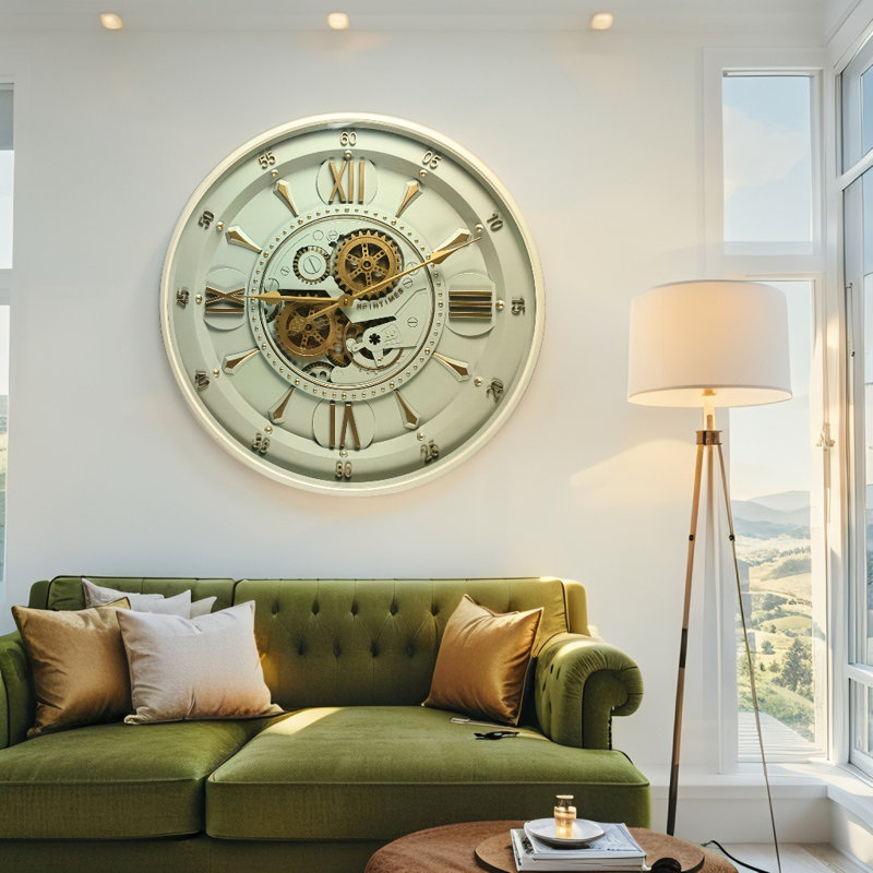 Horloge murale avec engrenages en mouvement réel The Gear Gear IR-LI_ 24 po ronde «Limerick» laiton
