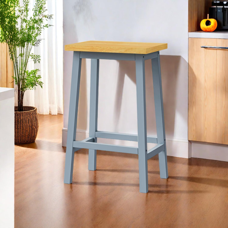 Solid Wood Bar Stools Set of 2 with Footrests, Farmhouse Style, Gray Blue