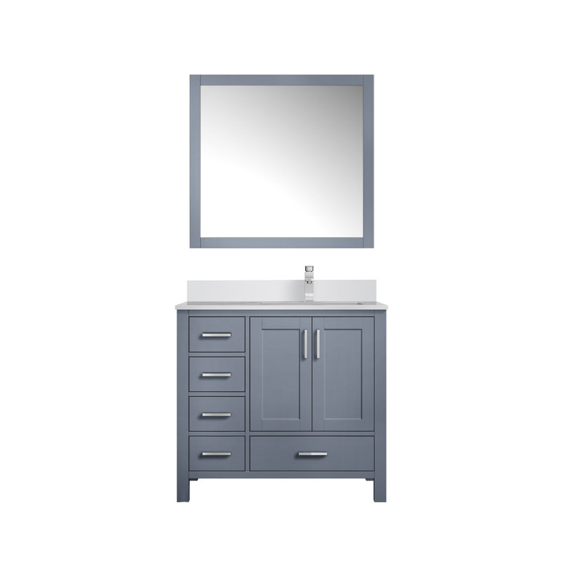Jacques 36 in. W x 22 in. D Right Offset Bath Vanity, Faucet Set, & 34 in. Mirror, Dark Grey, White Quartz
