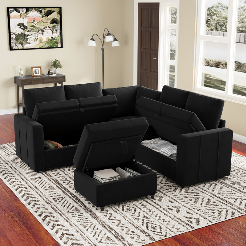 Aubade L-Shaped Modular Storage Sofa Set, Black Velvet