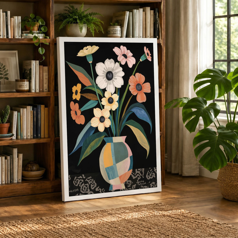 Geometric Floral Vase Mid-Century - Wrapped Canvas, 24x16 - 61.0 x 40.6 cm, Black Border