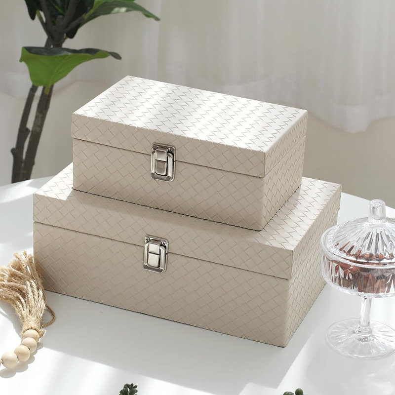 Faux Leather Decorative Jewelry Storage Organizer Boxes Set Of 2, Apricot White