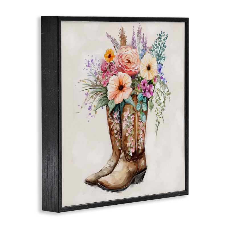 "Country Cowboy Bottes", bouquet encadré sur bois par Ziwei Li, impression, H 17 po x l 17 po, Giclée encadrée noir minuit