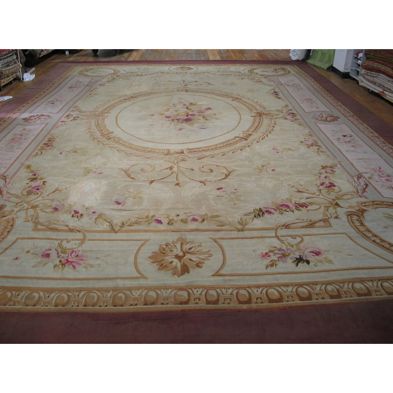 Antique Aubusson Oversized Large Big Wool Ivory Rug