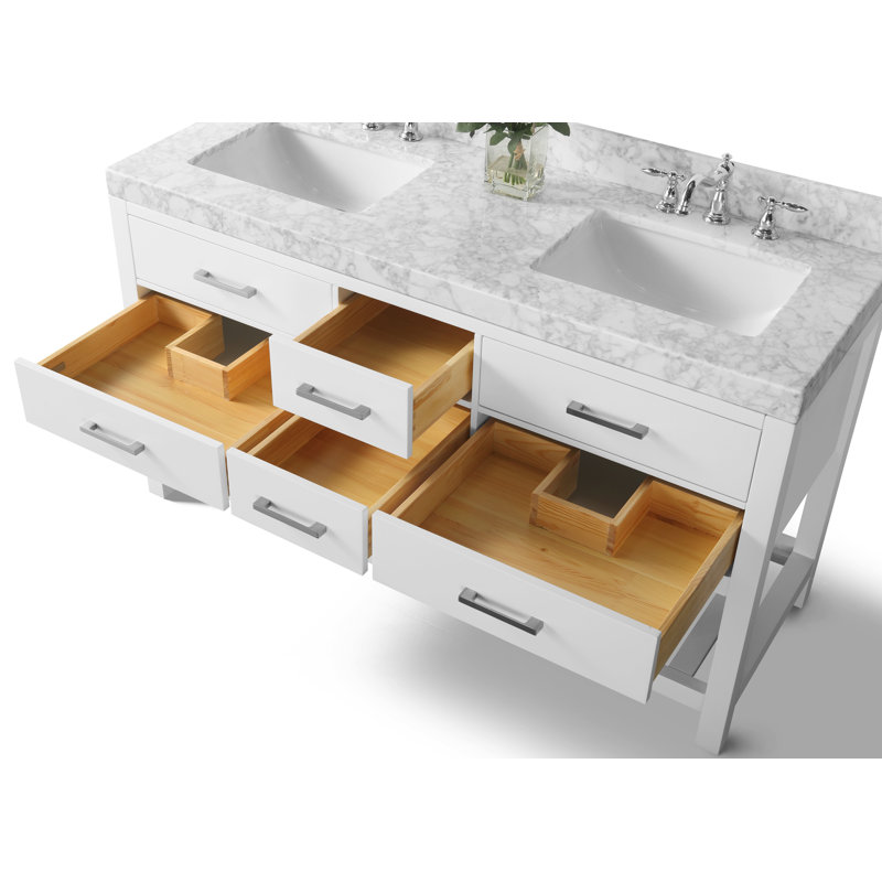 Elizabeth 60'' W Double Vanity, White/Brushed Nickel, Carrara White Marble