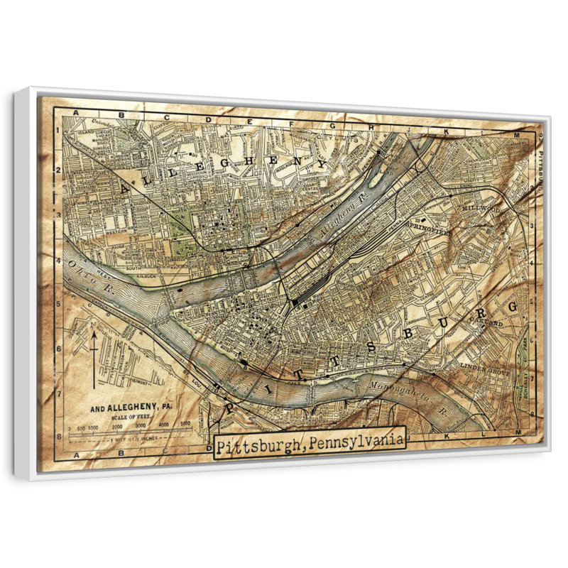 Carte rétro de la ville de Pittsburgh, Cadre flottant blanc, 40 po x 27 po