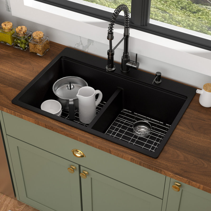 33"L x 22"W Quartz Drop In Workstation Kitchen Sink Granite Composite Double Bowl Kitchen Sink with Two Faucet Holes,Bottom Grid