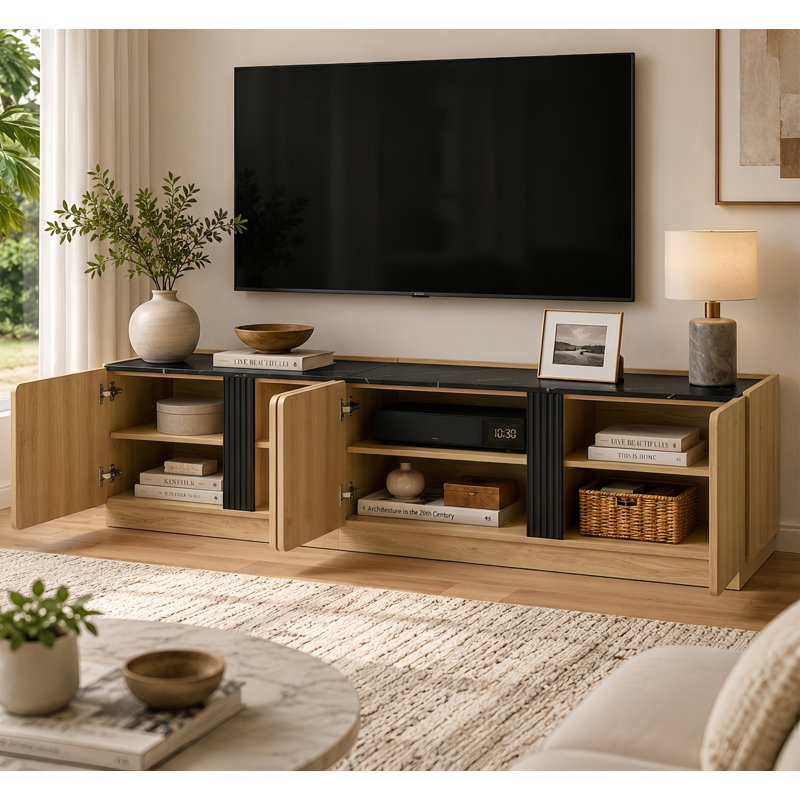 Buffet moderne de 71 po de largeur avec portes géométriques irrégulières et tablettes réglables, Tigre