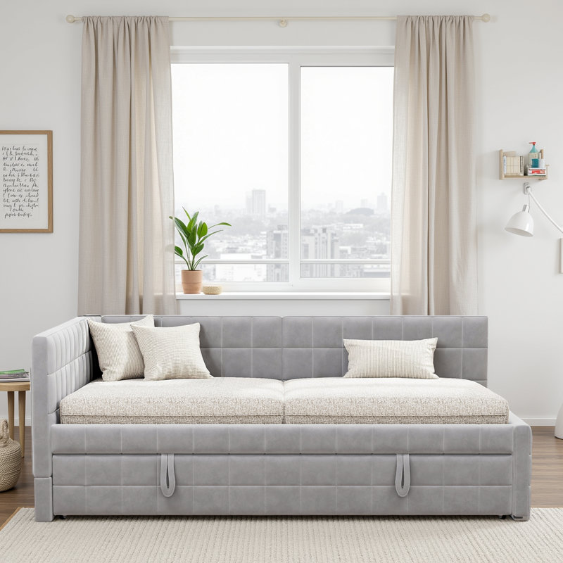 Lit de jour contemporain en L rembourré avec couchette et chargement USB, Gris