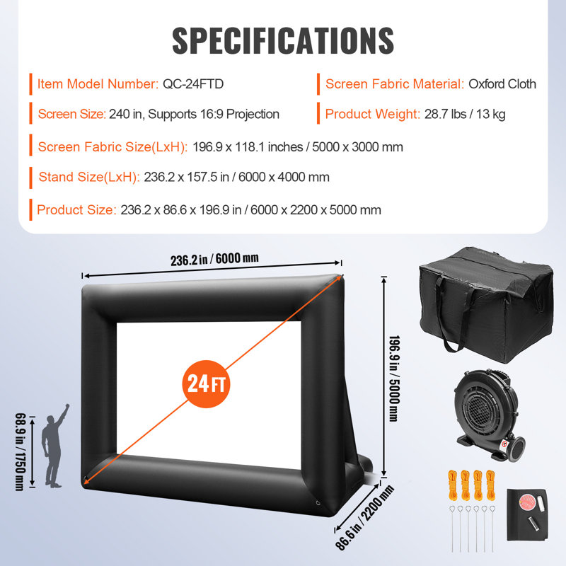 Écran de projection gonflable de 7,3 m (24 pieds), équipé d'un souffleur d'air de 360 ​​​​W et fabriqué en tissu Oxford. Conçu pour une utilisation à l’extérieur.