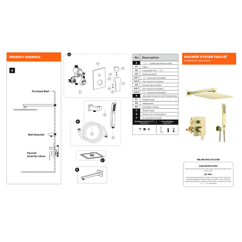 Bathroom Shower , 12 Inch Stainless Steel Rain Head & Hand Shower, Balanced, Diverter Valve, Wall Mounted Kit Installation Assembly