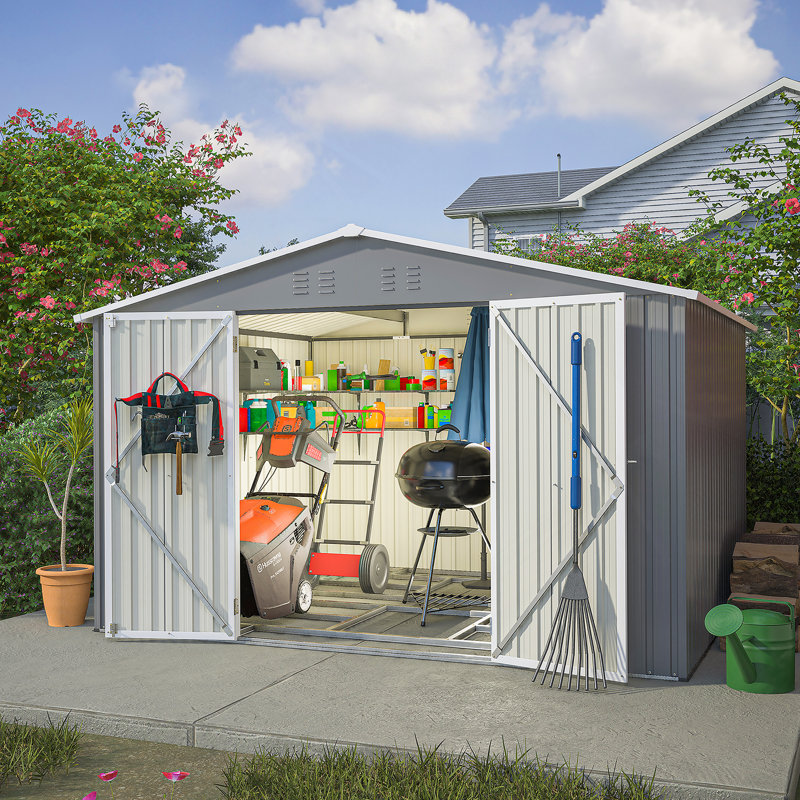Remise de rangement pour outils 10 x 8 pi avec fondation en métal et portes verrouillables, remise toutes saisons en métal
