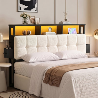 Damerius Upholstered Storage Headboard With Built-In Charging Station, LED Light Strip, Hidden Drawer And Shelf – Tufted Button Design