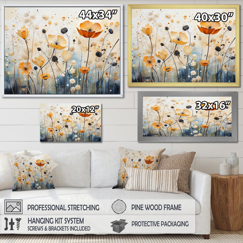 Décoration murale orange et bleu avec sourdine botanique I - Botanicals abstraits, H 12 po x l 20 po x P 1 po, Toile tendue