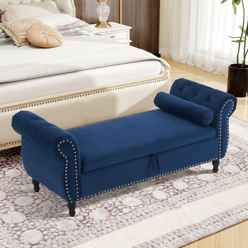 Repose-pieds rectangulaire en velours avec rangement multifonctionnel, Bleu marine antique