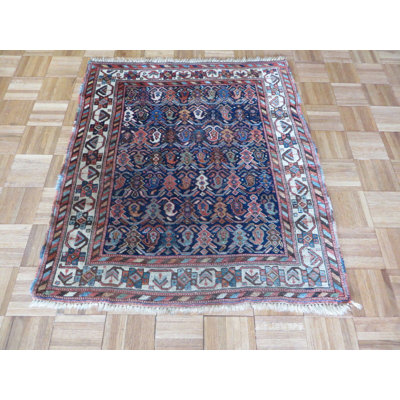 Tapis de surface en laine bleu/brun 3 pi 1 po x 3 pi 4 po noué la main one-of-kind Briony