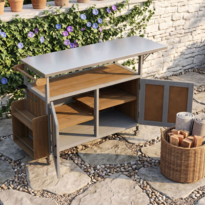 Foldable Outdoor Kitchen Island with Lockable Wheels, Cabinet, Adjustable Shelves, Rack and Towel