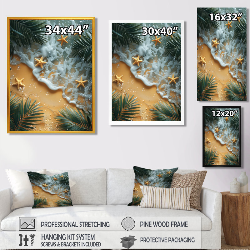 Étoile de mer sur une plage tropicale I, Toile avec cadre flottant noir, H 44 po x l 34 po x P 1,5 po