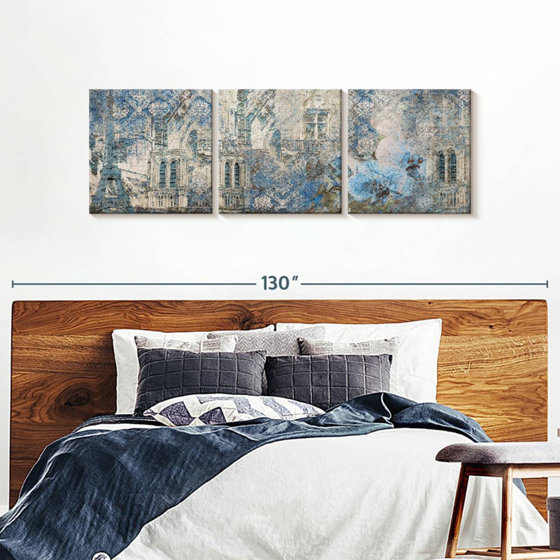 «Paris City Paris Blue Tiles», ensemble de 3 reproductions sur toile par Primrose Creatives, H 30 po x l 92 po x P 1,25 po