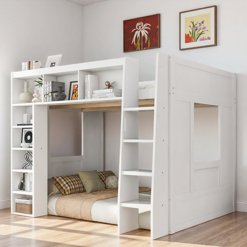 Lit mezzanine en bois avec armoires de rangement et bibliothèques, Blanc