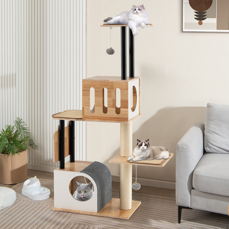  Wood Cat Tree w/Dual Cat Condos Sturdy Metal Tubes Frame Sisal Scratching Posts