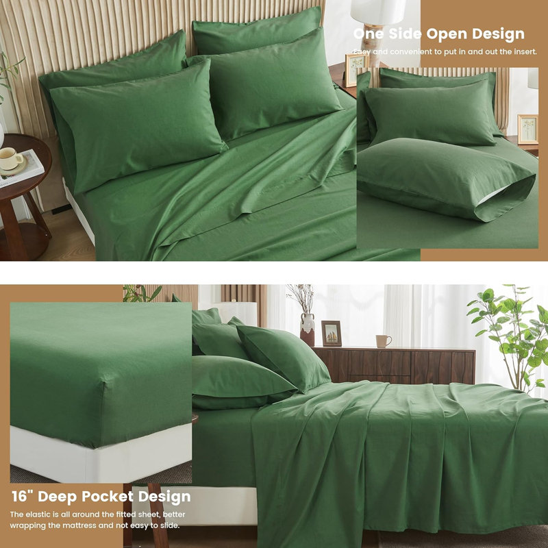 Ensemble de draps de couleur unie - 6 pièces, 4 taies d'oreiller, 1 drap-housse, 1 drap plat, Forest Green
