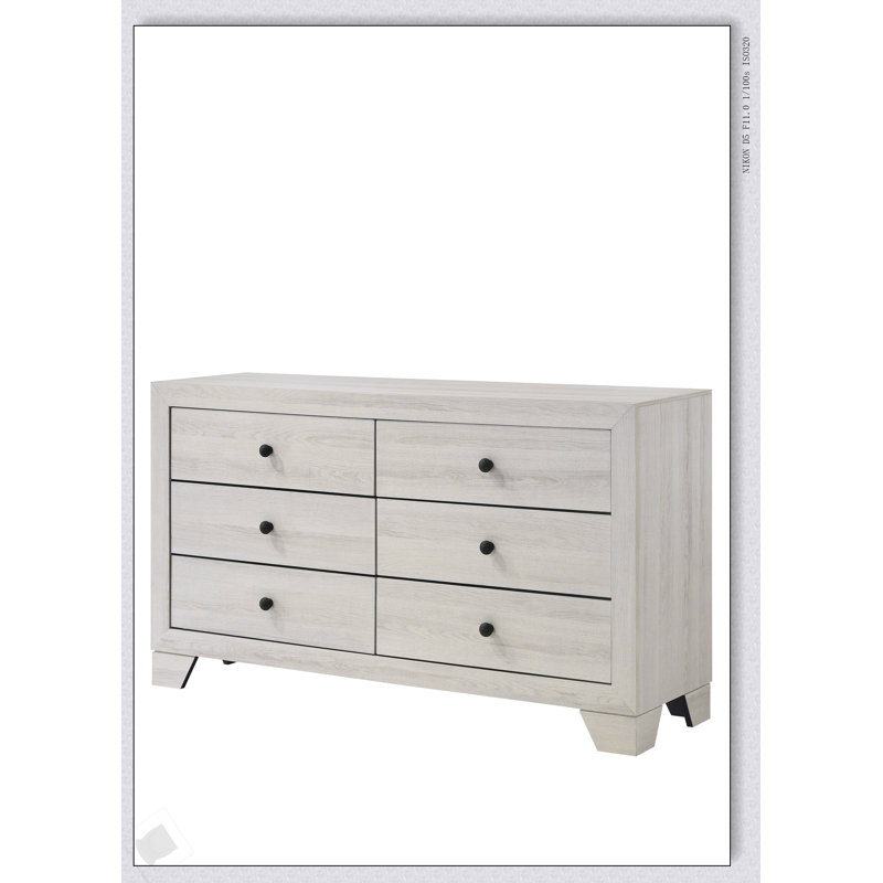 Commode de rangement rustique en bois à six tiroirs avec finition blanche délavée, parfaite pour les chambres à coucher organisées et élégantes