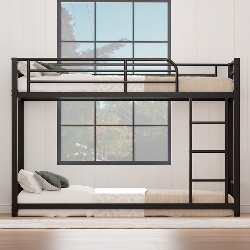 Lit superposé simple en métal avec garde-corps et échelle, L 75,98 po x l 39,76 po x H 54,33 po, métal, 1 ensemble, lit superposé, noir, structure robuste avec lattes en métal, conception peu encombrante, sans boîte Ressort requis